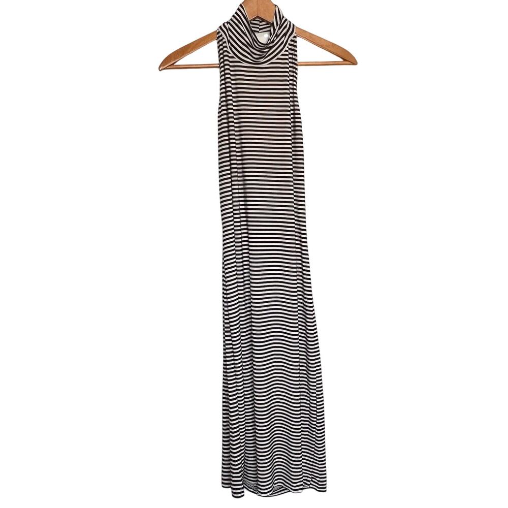 KAMALIKULTURE Midi Dress Size M Black White Striped Mock Neck Halter Open Back